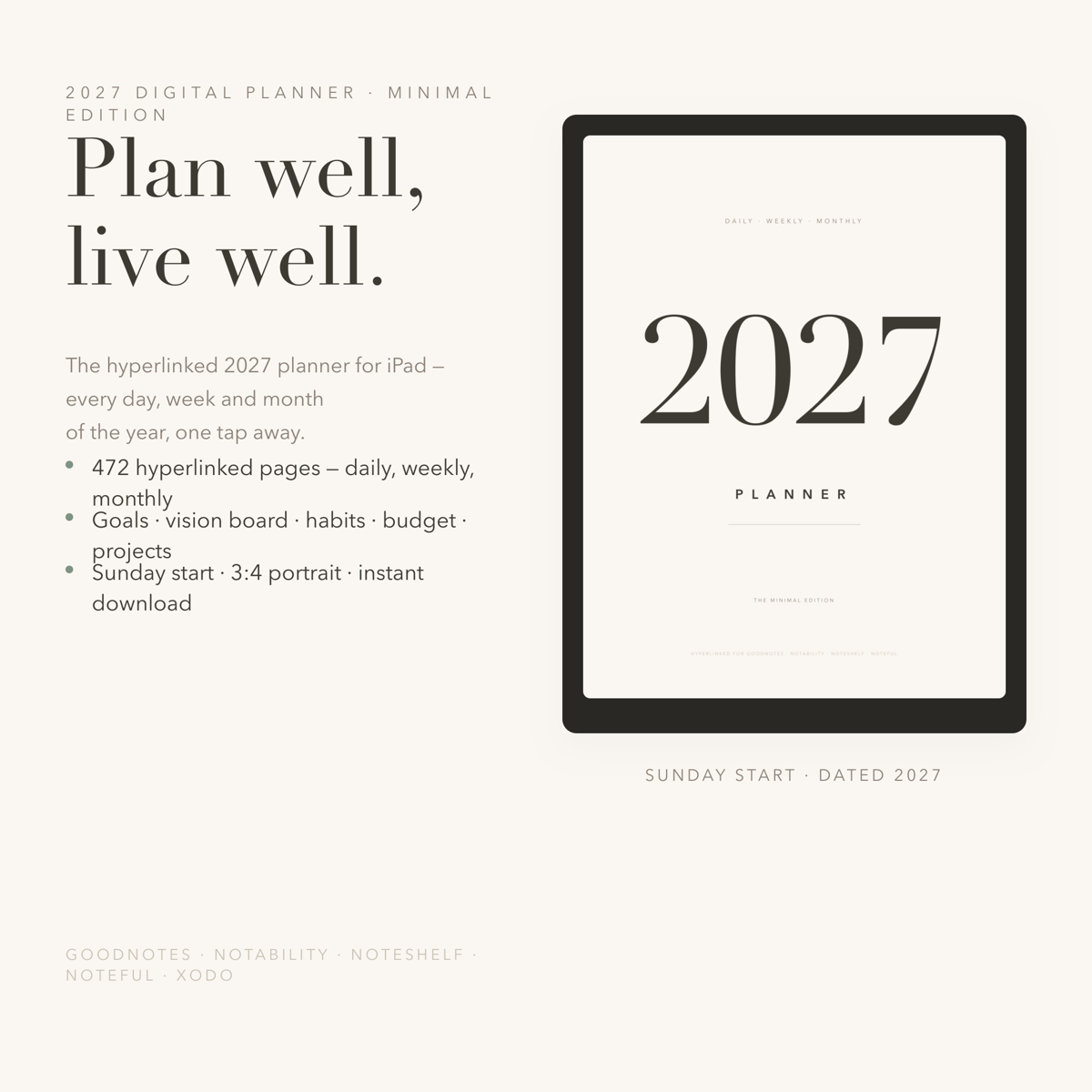 2027 digital planner cover on iPad, minimal serif design