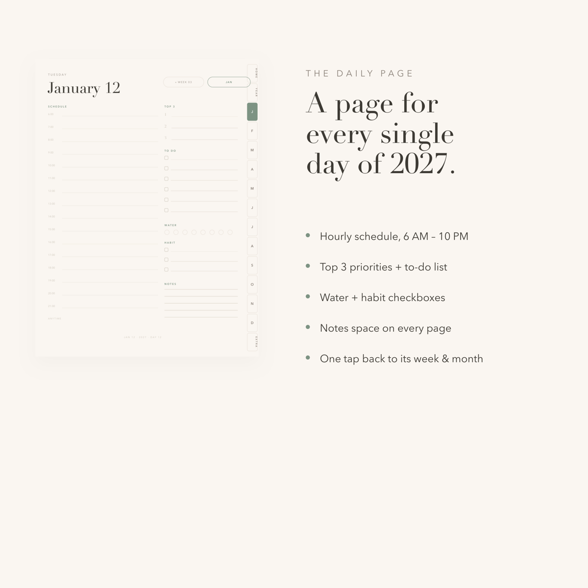 Daily page of the 2027 digital planner with hourly schedule and top 3 priorities
