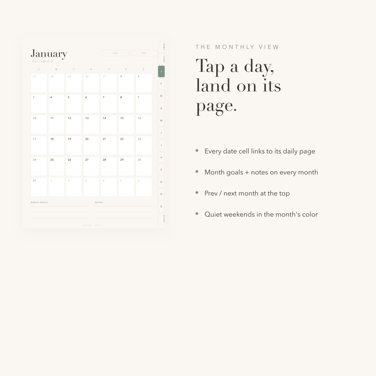 Monthly calendar view of the 2027 digital planner with tappable day cells